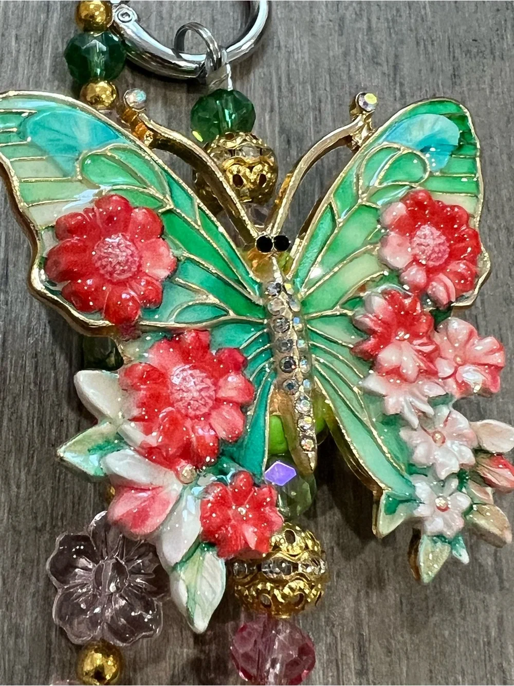 Handcrafted Butterfly Charm Beaded Bracelet - Green & Pink